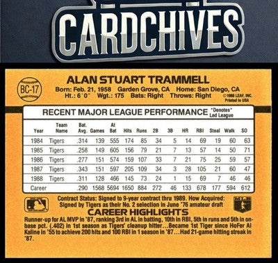 Alan Trammell 1989 Donruss #BC-17d "* Denotes *" on back Bonus MVP's