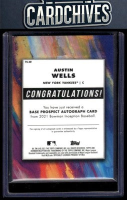 Austin Wells 2021 Bowman Inception #PA-AW Autographs Gold Foil #/50 Auto AU,SN