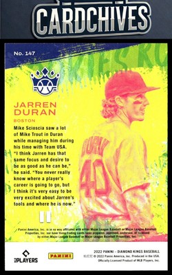 Jarren Duran 2022 Panini Diamond Kings Boston Red Sox #147 Artist's Proof Blue