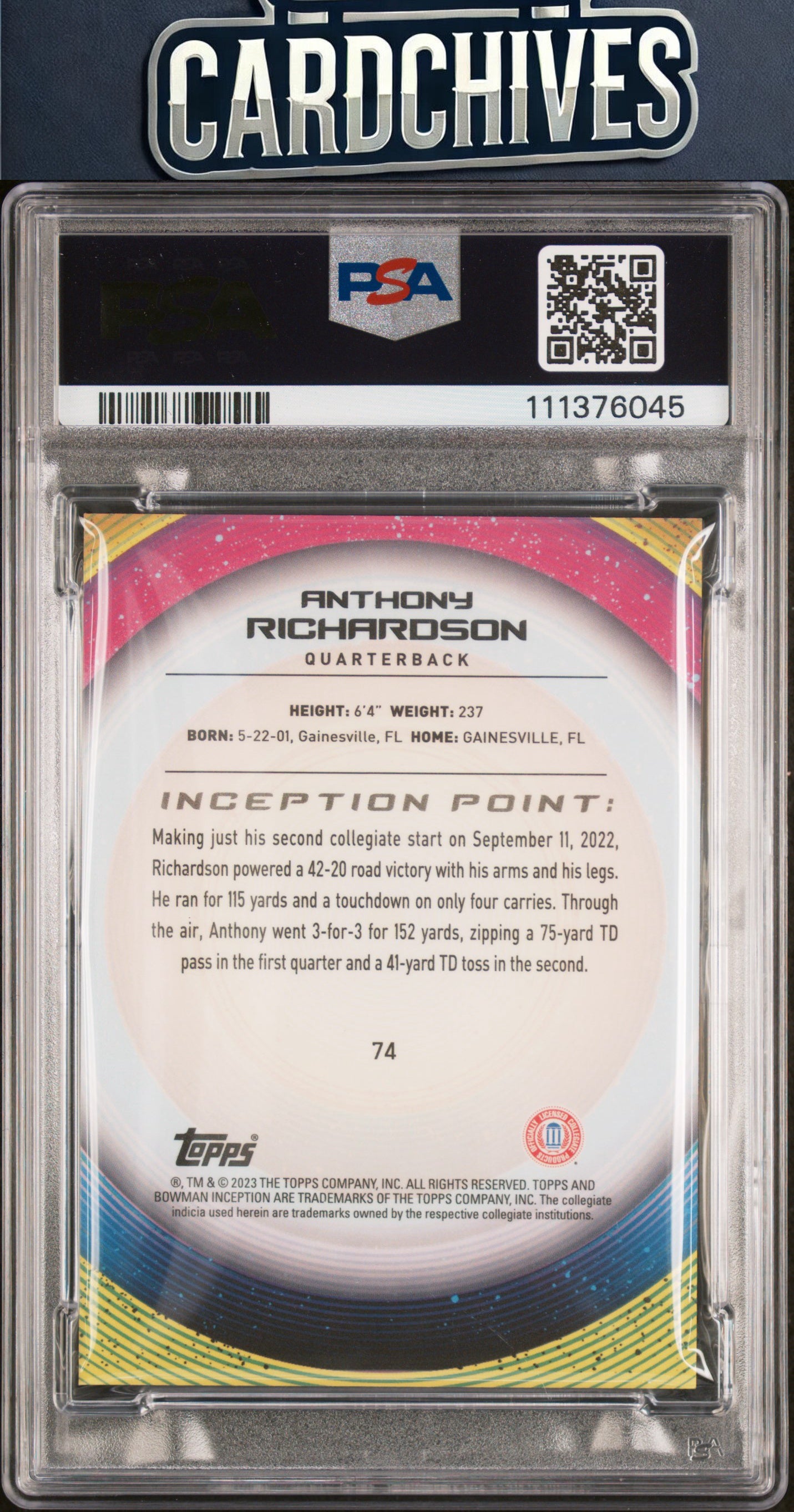Anthony Richardson 2022-23 Bowman U Inception #74 Gold Foil #/50 PSA 10 GEM MT