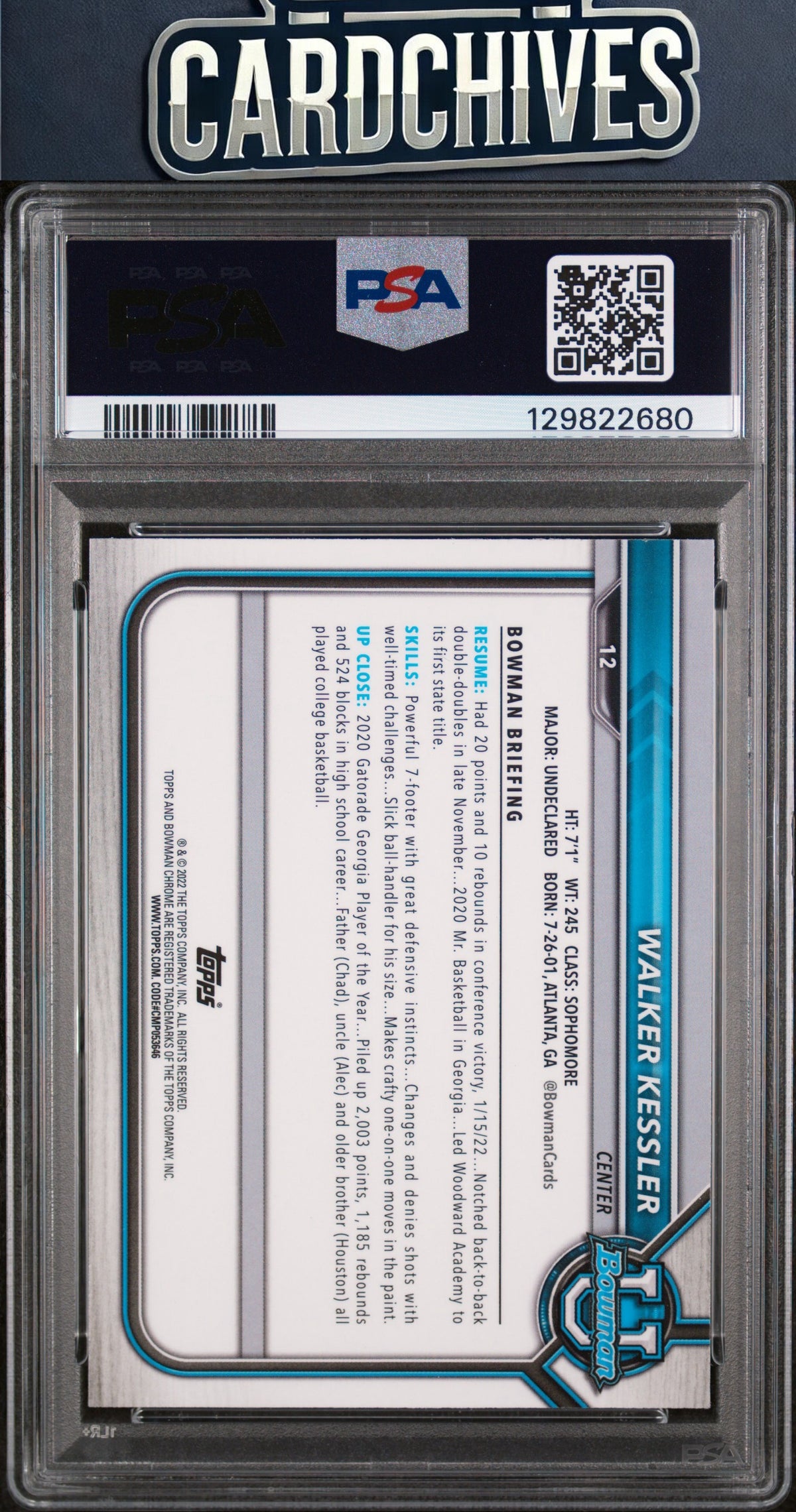 Walker Kessler 2021-22 Bowman University #12 Pink PSA 9 MINT