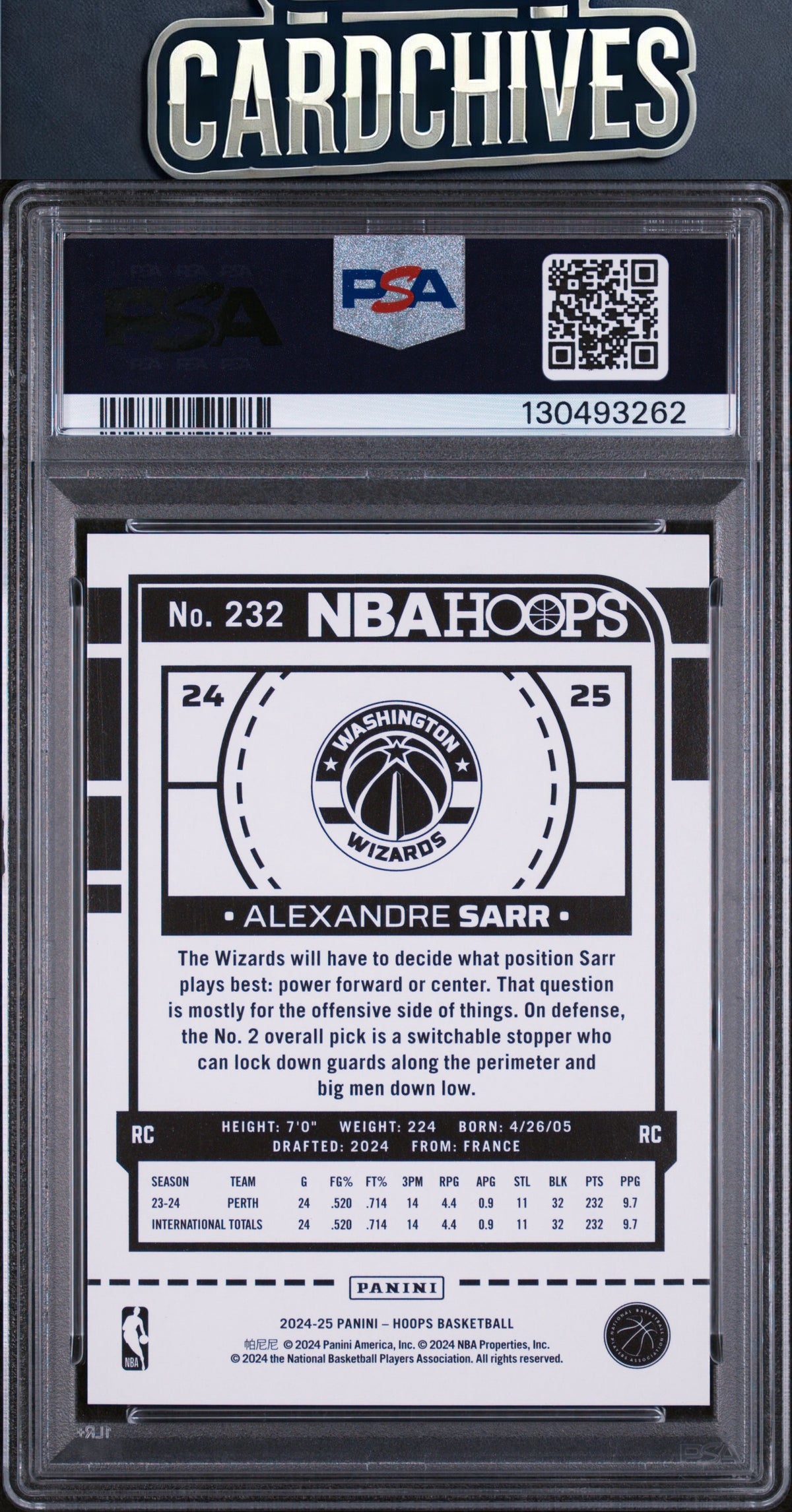 Alexandre Sarr 2024-25 Hoops #232 Red Scope #/49 PSA 10 GEM MT