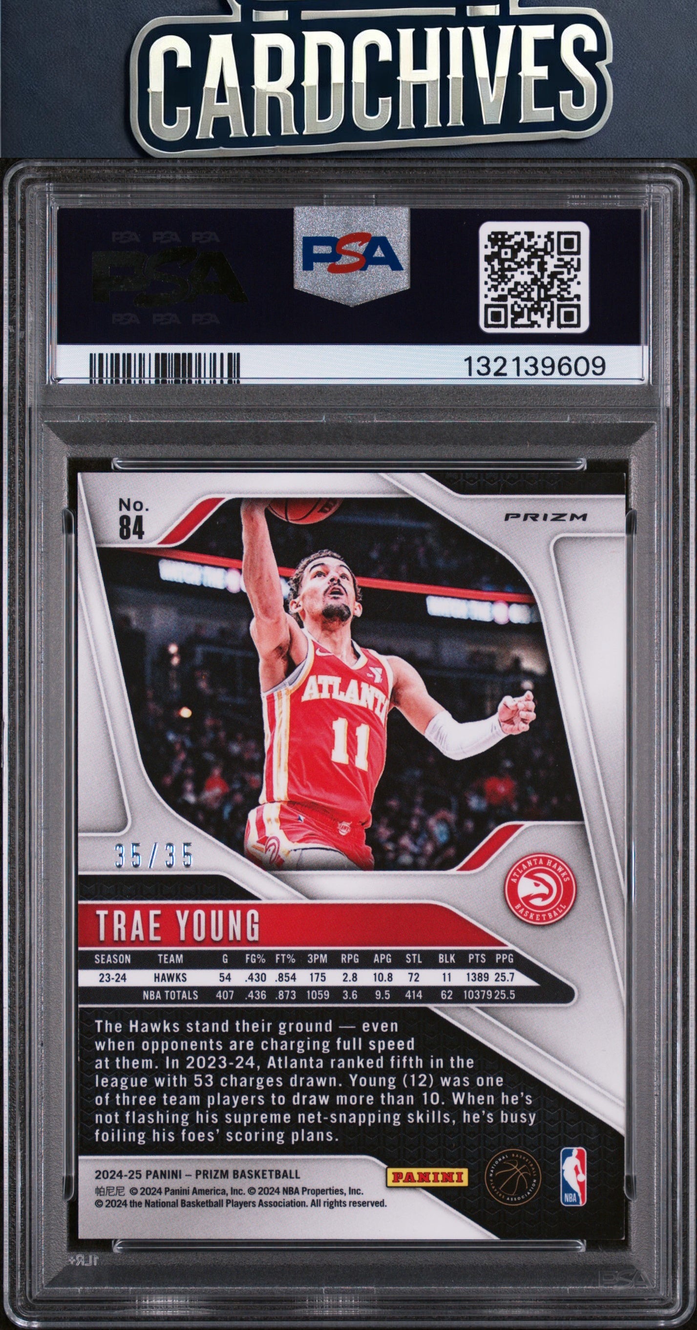 Trae Young 2024-25 Panini Prizm #84 Prizms Purple Pulsar #/35 PSA 8 NM-MT