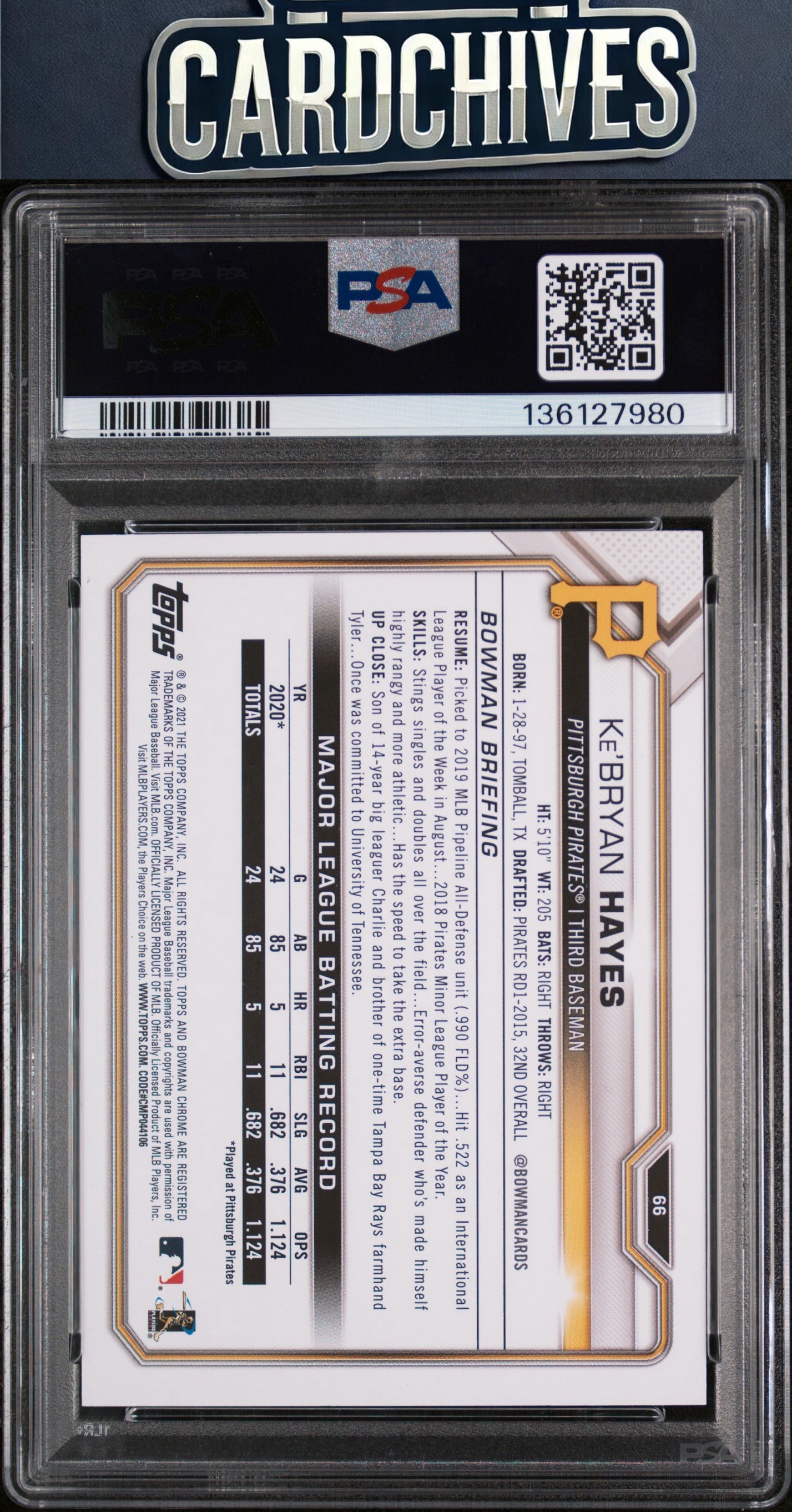 Ke'Bryan Hayes 2021 Bowman #66 Yellow #/75 PSA 9 MINT