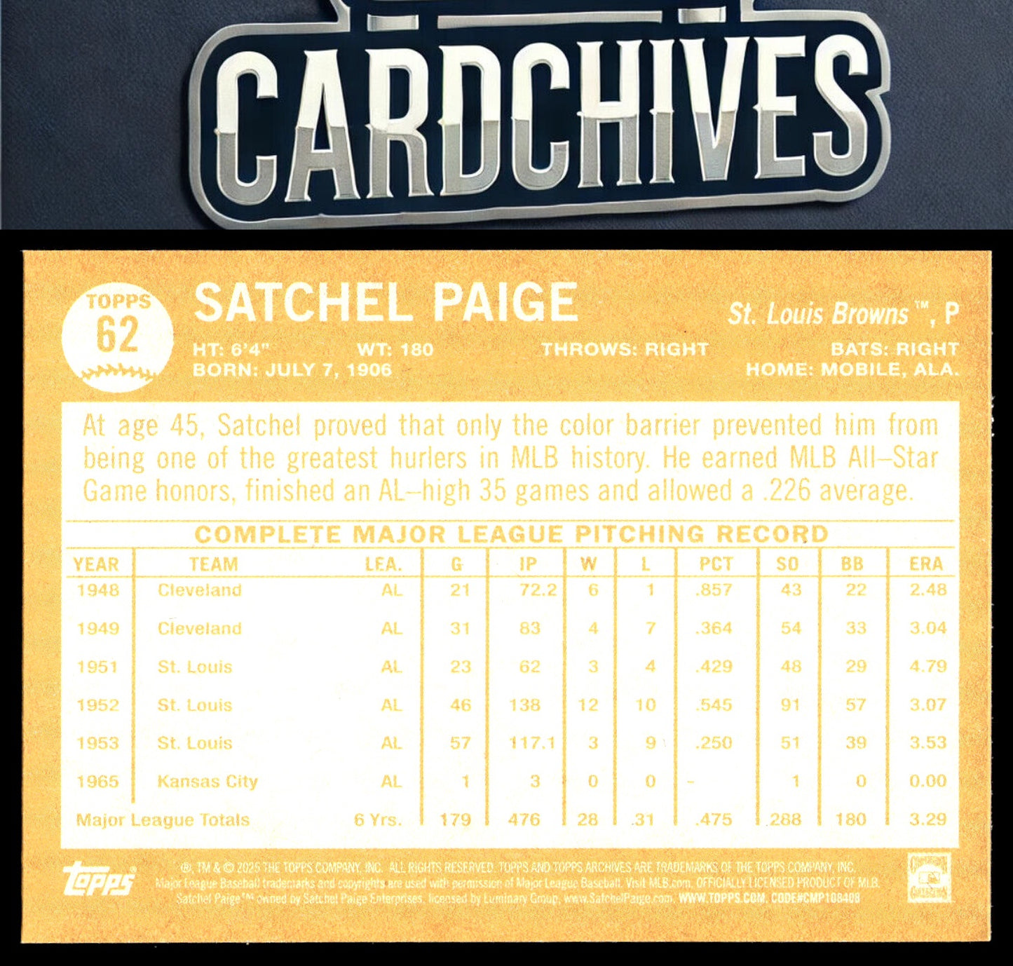 Satchel Paige 2025 Topps Archives #62