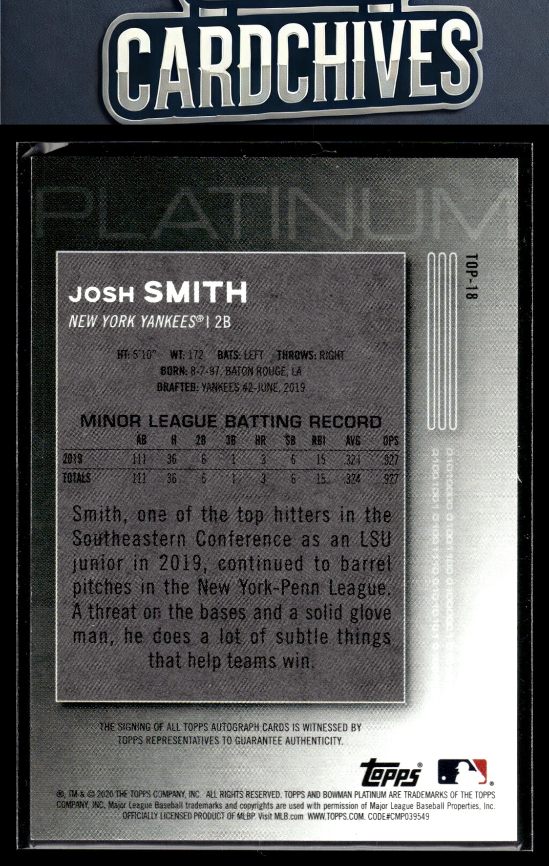 Josh Smith 2020 Bowman Platinum #TOP-18 Top Prospect Autographs Icy #/50