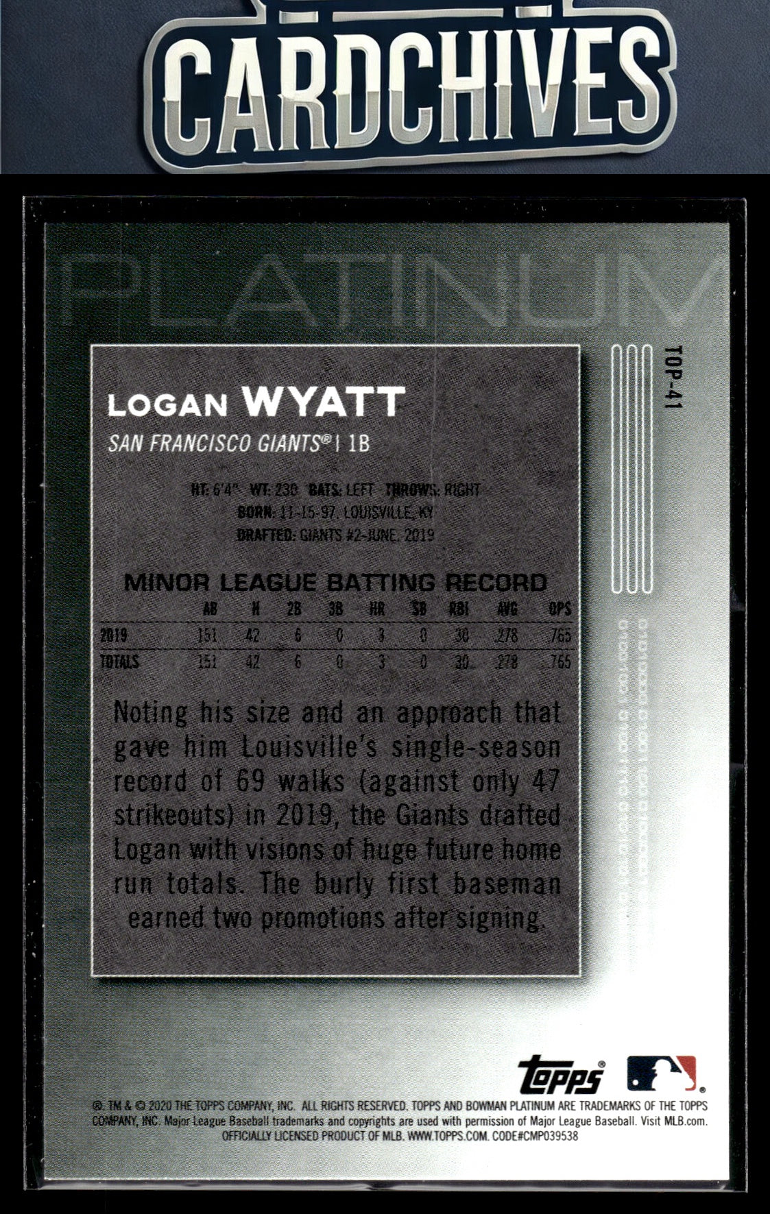 Logan Wyatt 2020 Bowman Platinum #TOP-41 Top Prospects