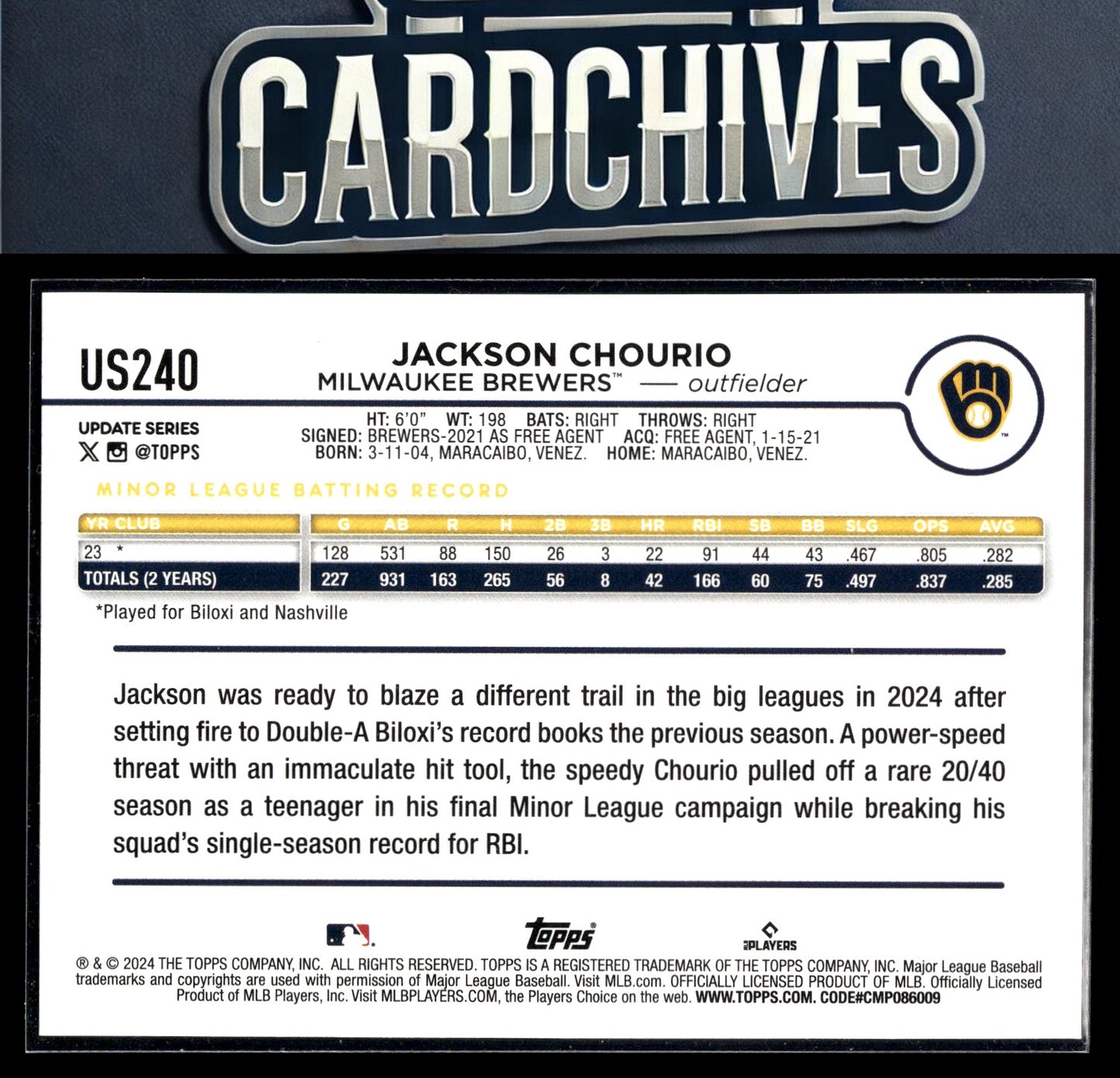 Jackson Chourio 2024 Topps Update #US240 Yellow Rookie RC