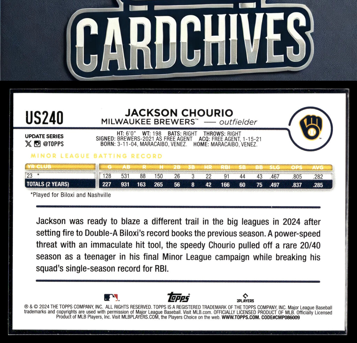 Jackson Chourio 2024 Topps Update #US240 Yellow Rookie