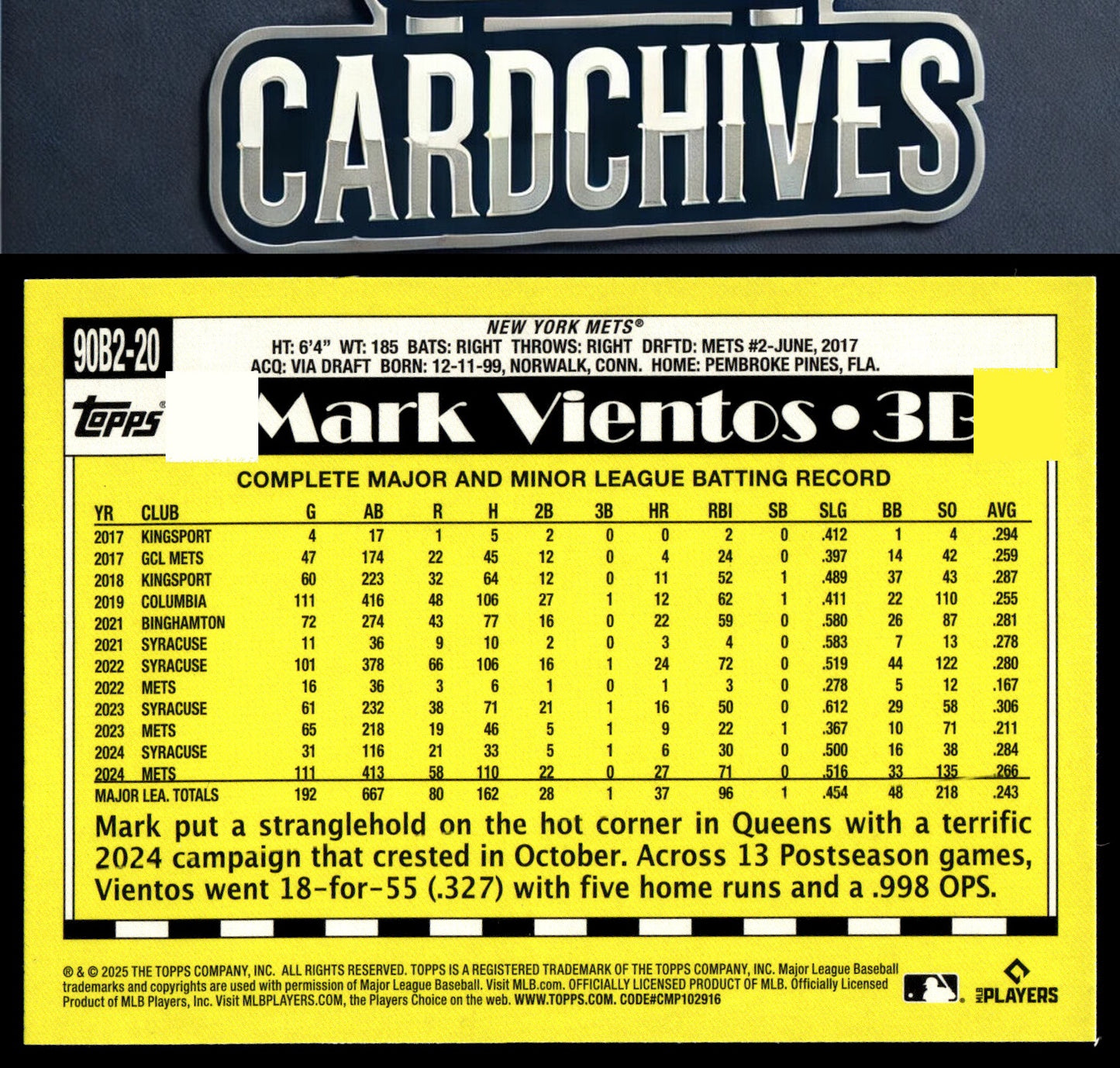 Mark Vientos 2025 #90B2-20 1990 Topps Baseball 35th Anniversary (Series Two)