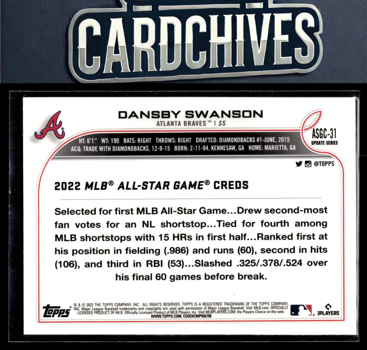 Dansby Swanson 2022 Topps Chrome Update #ASGC-31 2022 All-Star Game Chrome