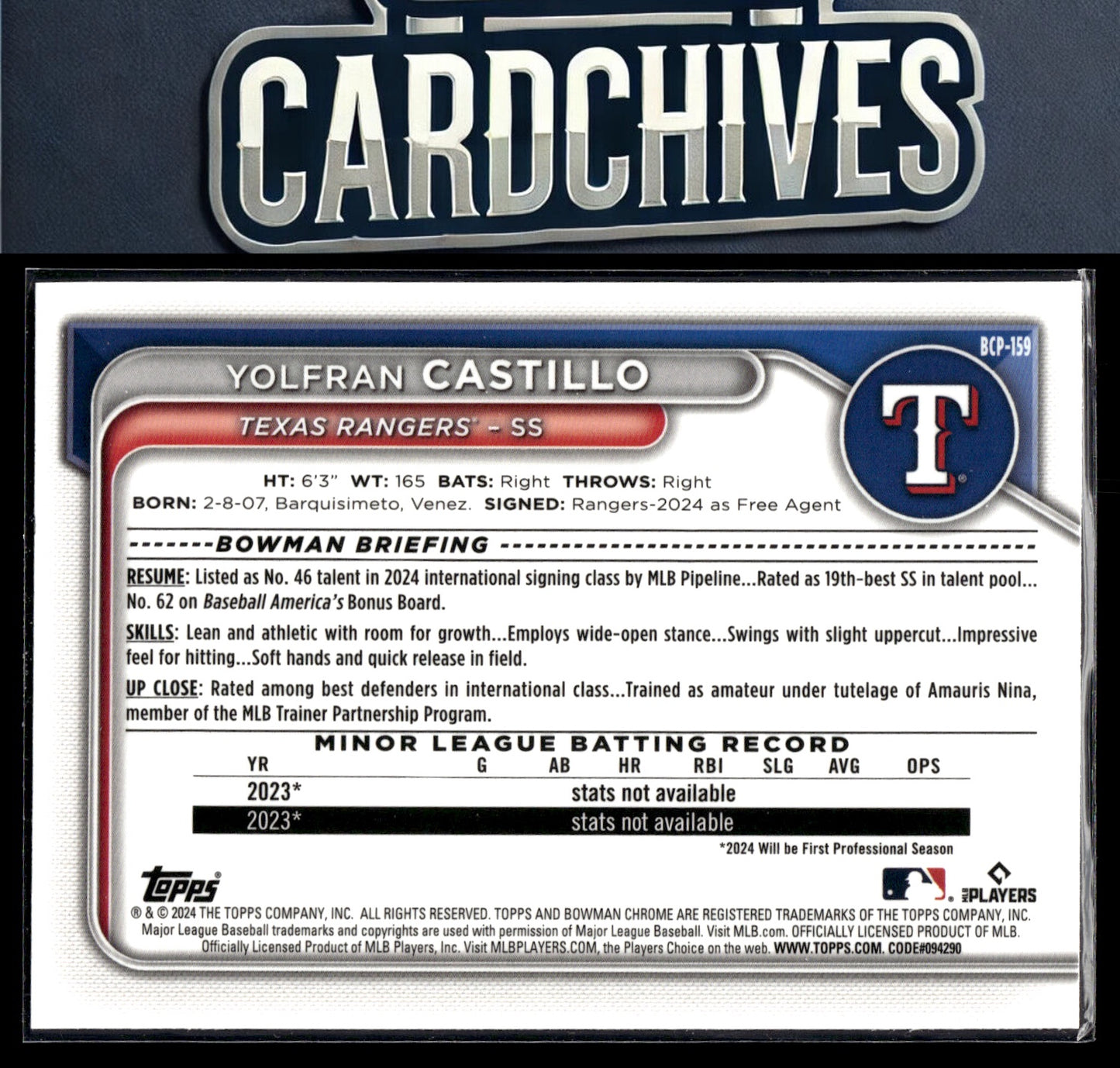 Yolfran Castillo 2024 Bowman Chrome #BCP-159 Prospects Mojo Refractors