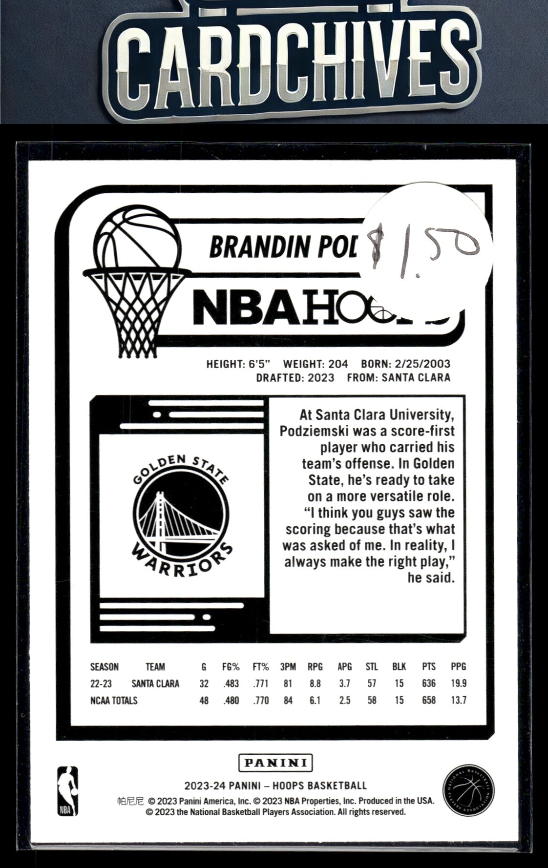 Brandin Podziemski 2023-24 Hoops #264 Rookie RC