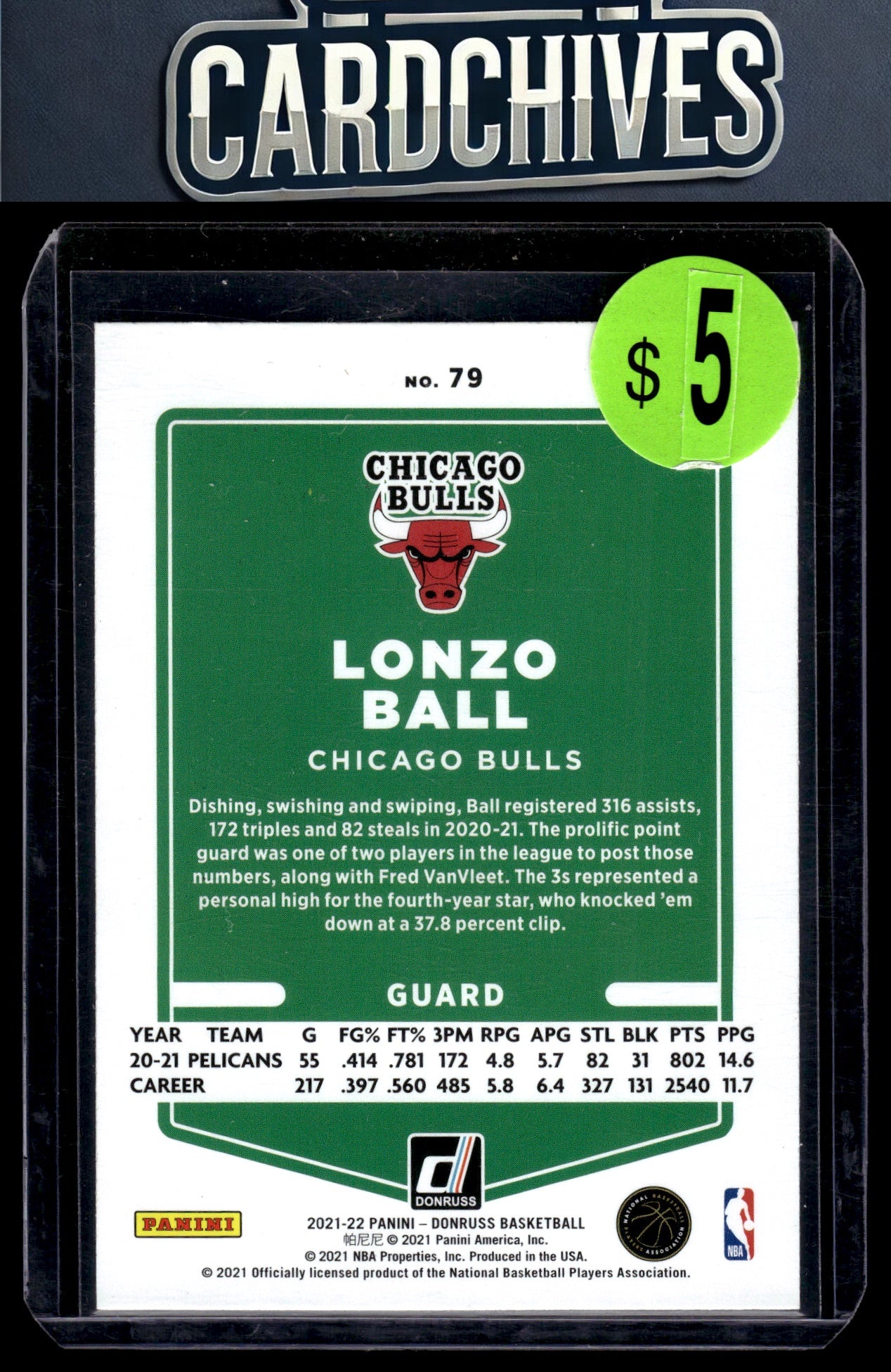 Lonzo Ball 2021-22 Donruss #79 Holo Green and Yellow Laser