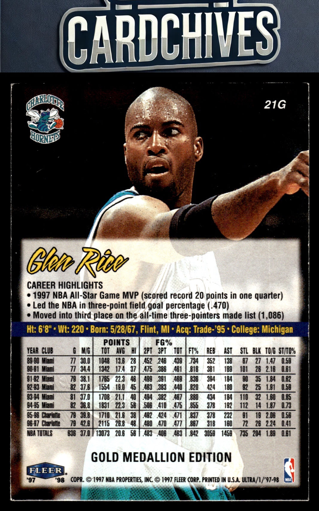 Glen Rice 1997-98 Ultra #21G Gold Medallion