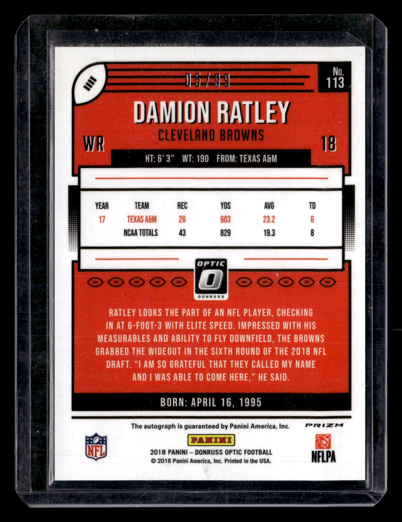 Damion Ratley 2018 Donruss Optic #113 Red #/99 Rookie SN,RC