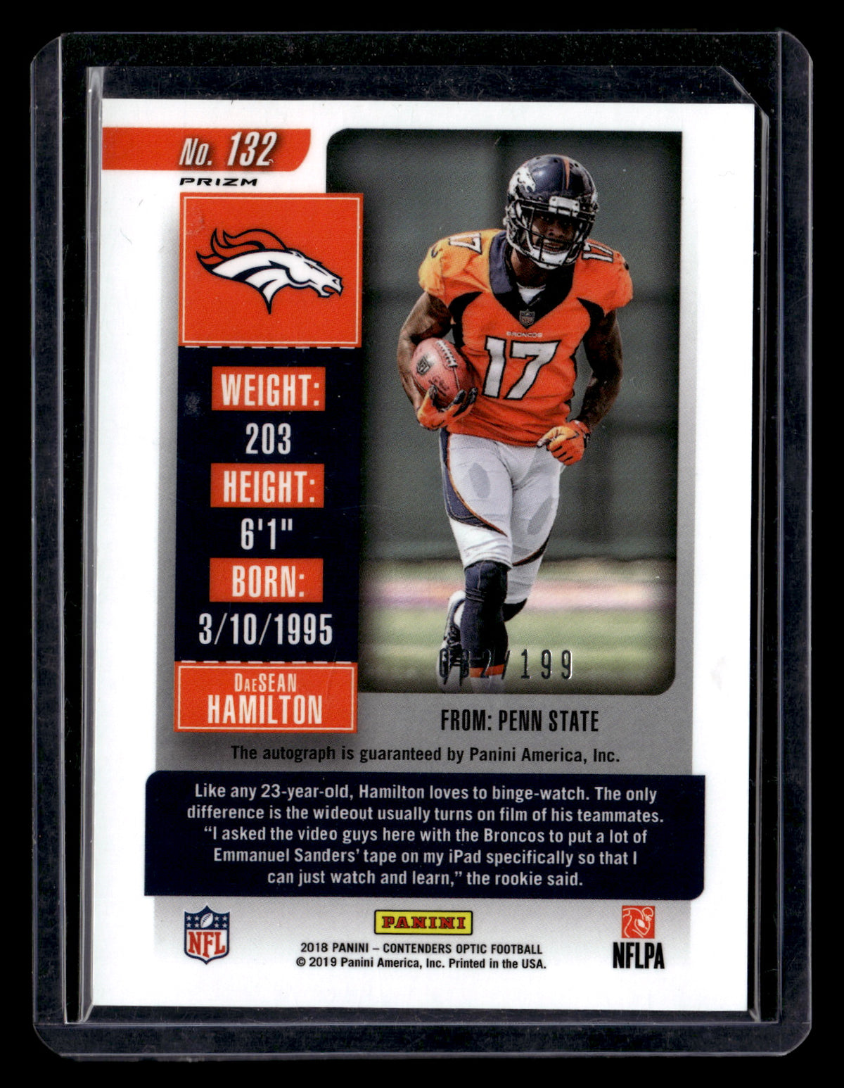 DaeSean Hamilton 2018 Panini Contenders Optic #132 Red #/199 RC Autograph