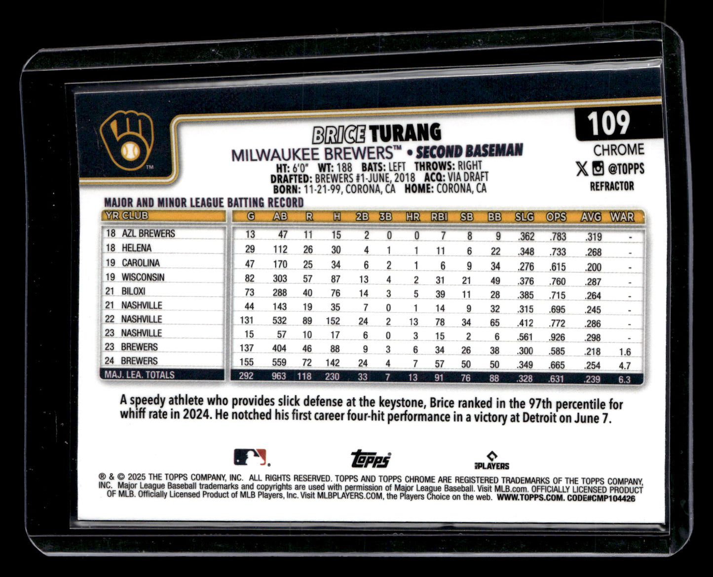 Brice Turang 2025 Topps Chrome #109 Refractors