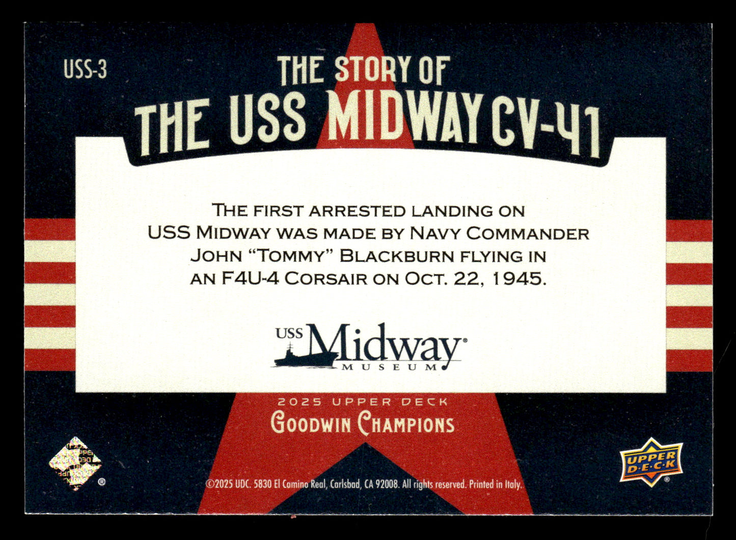 The First Arrested Landing on the USS Midway 2025 UD Goodwin Champions #USS-3