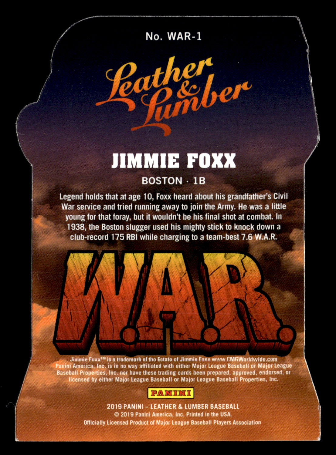 Jimmie Foxx 2019 Panini Leather & Lumber #WAR-1 W.A.R.
