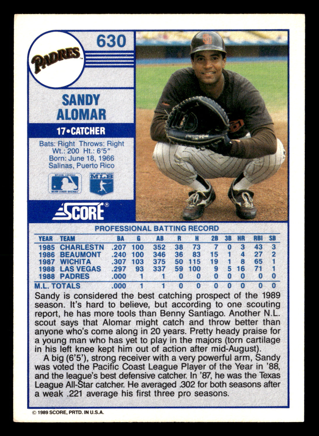 Sandy Alomar 1989 Score #630 Rookie RC
