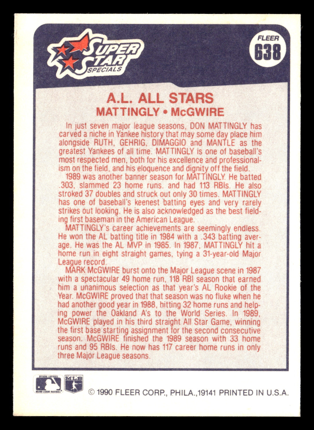 A.L. All-Stars (Don Mattingly / Mark McGwire) 1990 Fleer #638