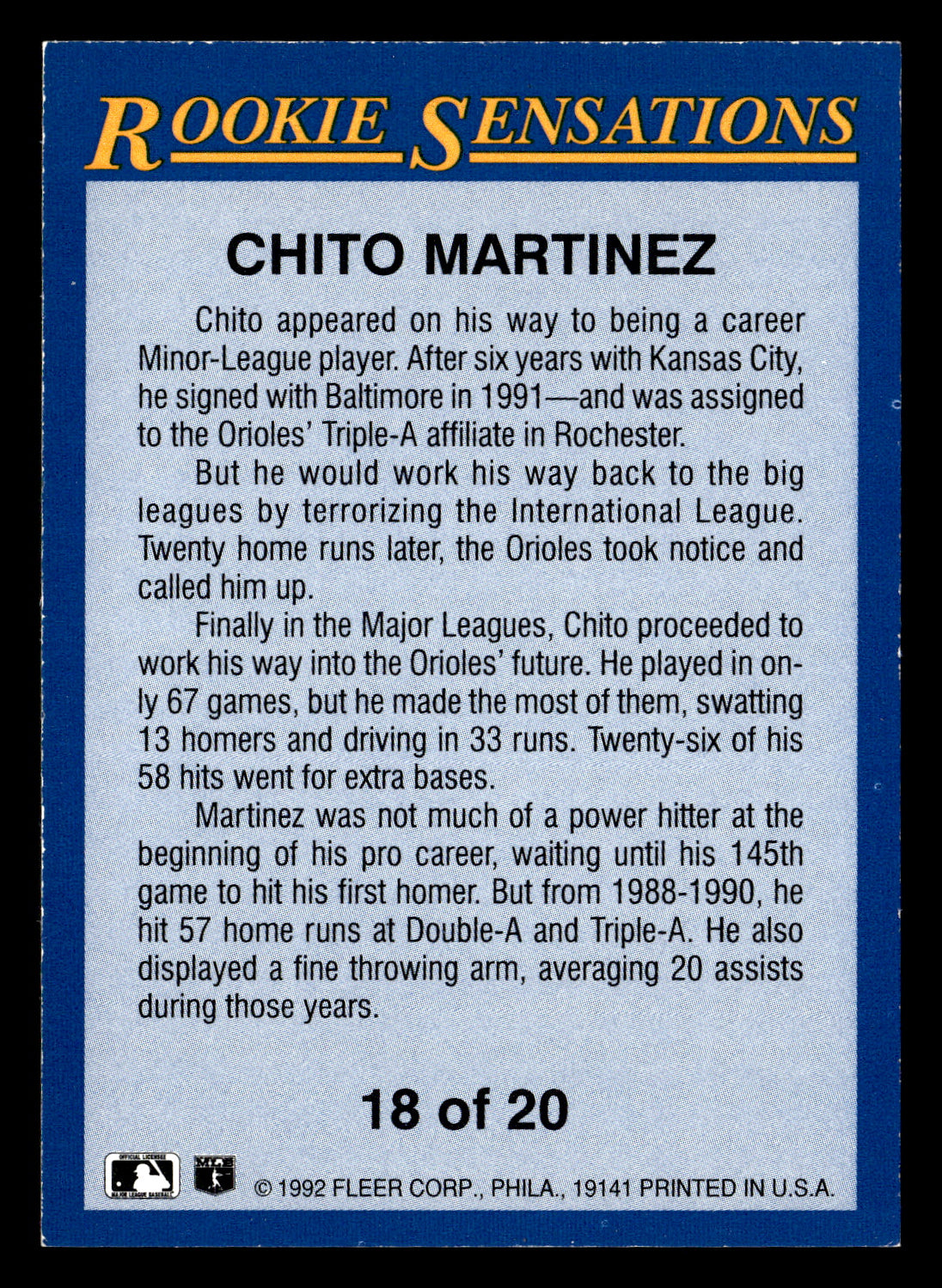 Chito Martinez 1992 Fleer #18 Rookie Sensations