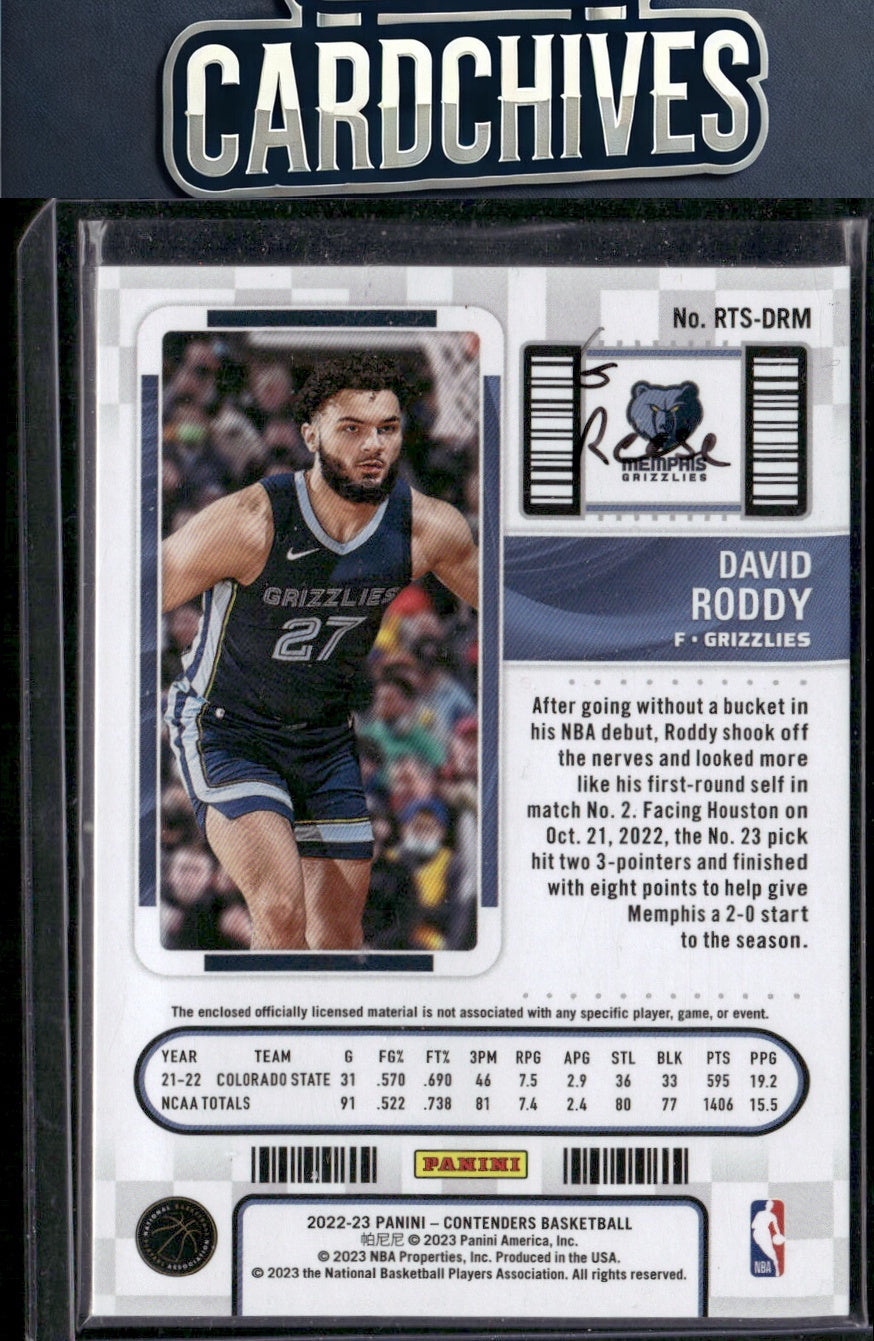 David Roddy 2022-23 Panini Contenders #RTS-DRM Rookie Ticket Swatches MEM