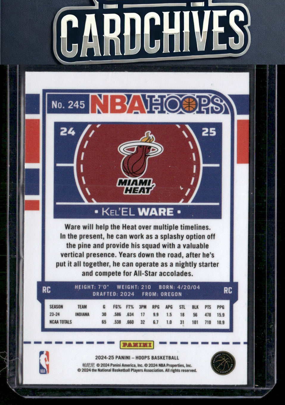 Kel'el Ware 2024-25 Hoops #245 Premium Rookie RC