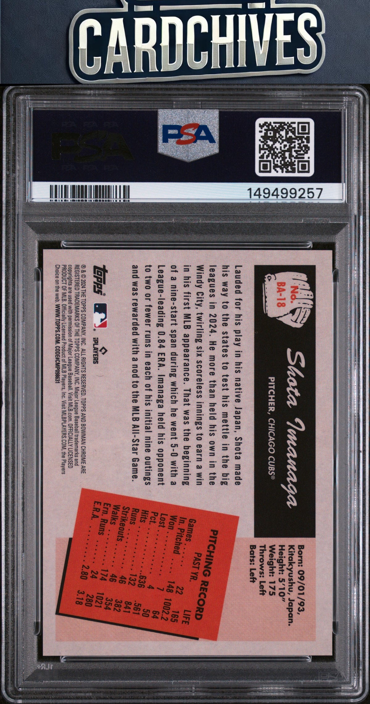 Shota Imanaga 2024 Bowman's Best #BA-18 1955 Bowman Anime PSA 10 GEM MT