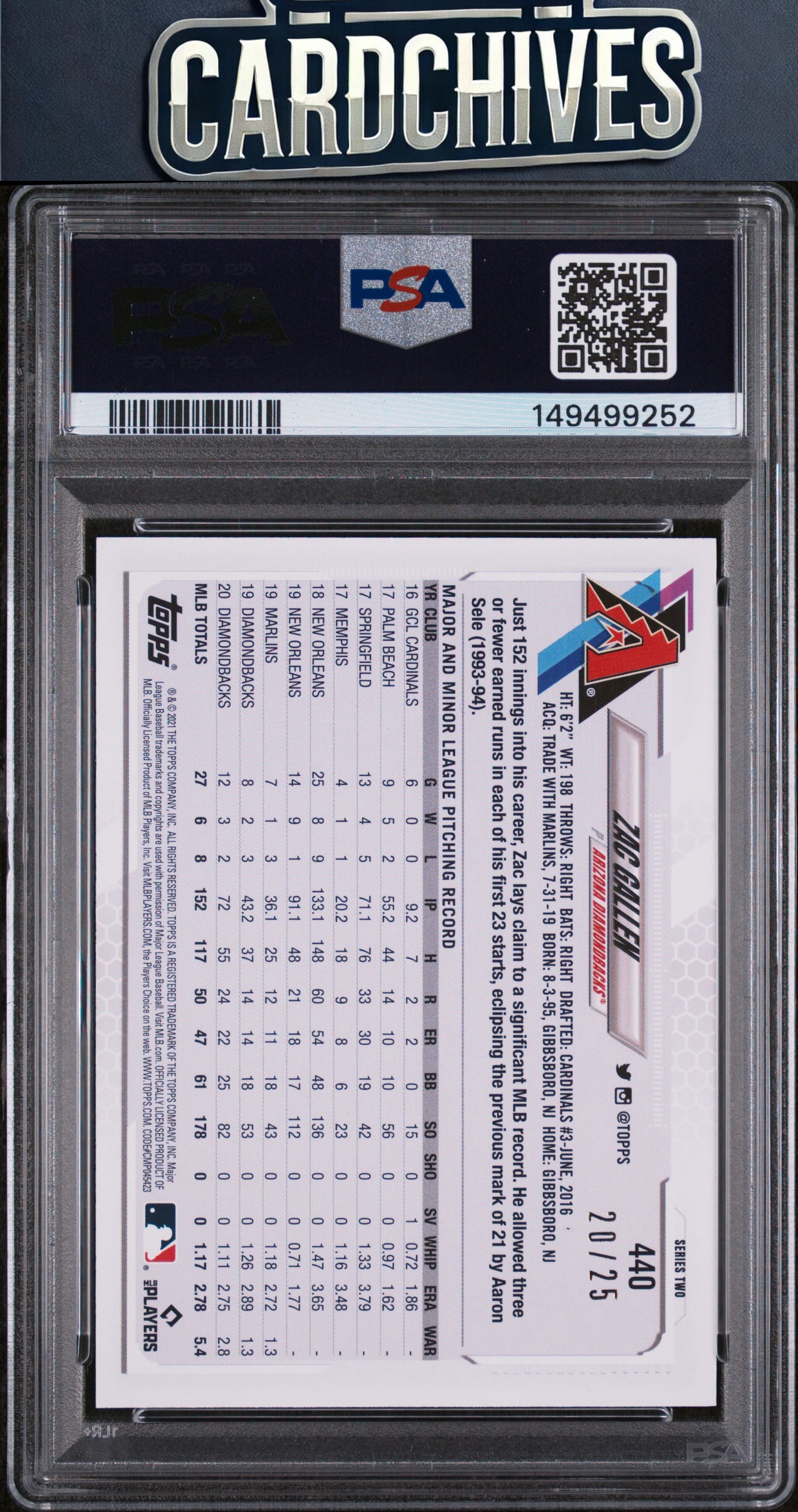 Zac Gallen 2021 Topps #440 Memorial Day Camo #/25 PSA 9 MINT
