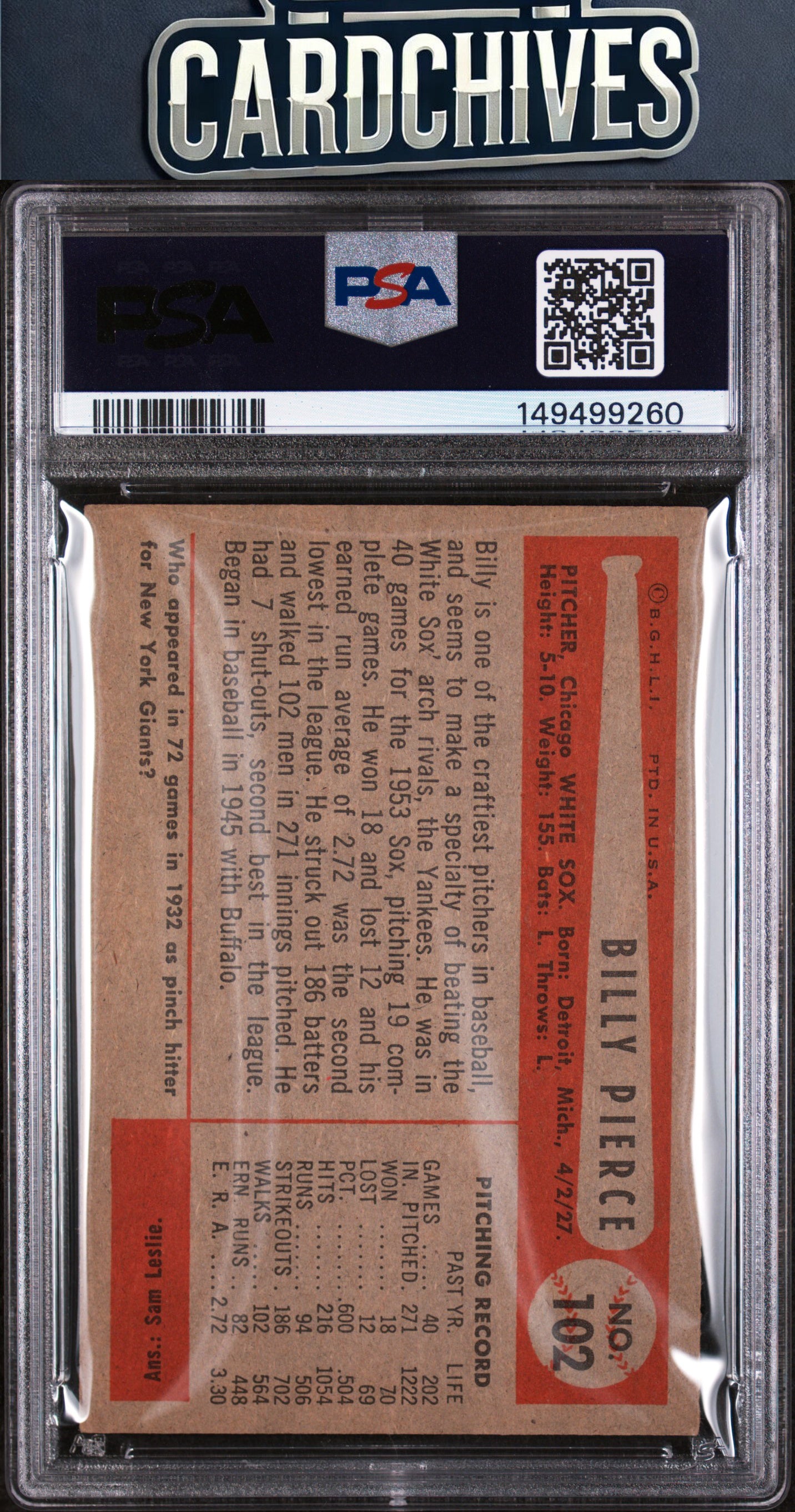 Billy Pierce 1954 Bowman #102 PSA 5 EX