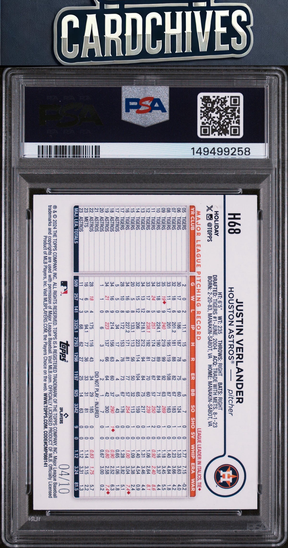 Justin Verlander 2024 Topps Holiday #H68 Tree Red Metallic #/10 PSA 9