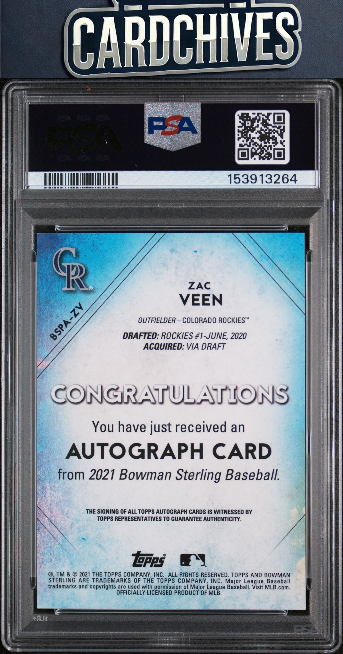 Zac Veen 2021 Bowman Sterling #BSPA-ZV Prospect Autographs PSA 10 GEM MT