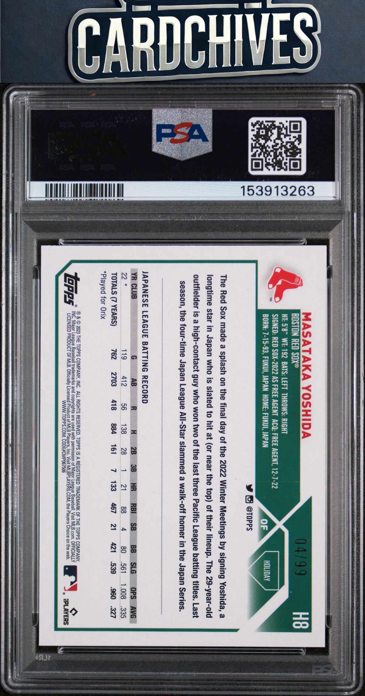 Masataka Yoshida 2023 Topps Holiday #H8 Metallic Red #/99 PSA 9 MINT