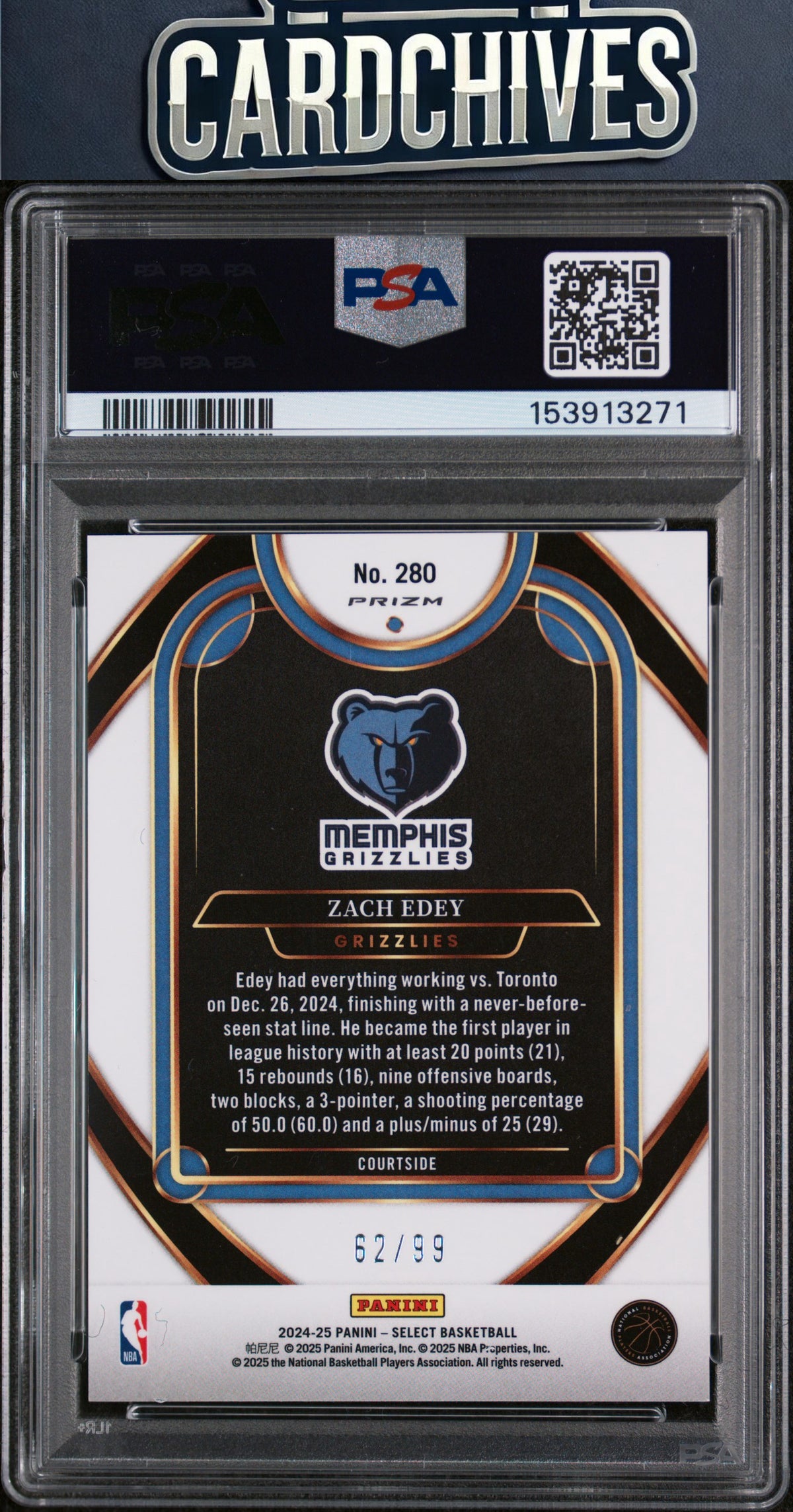 Zach Edey 2024-25 Panini Select #280 Pink Cracked Ice Prizm #/99 PSA 9 MINT