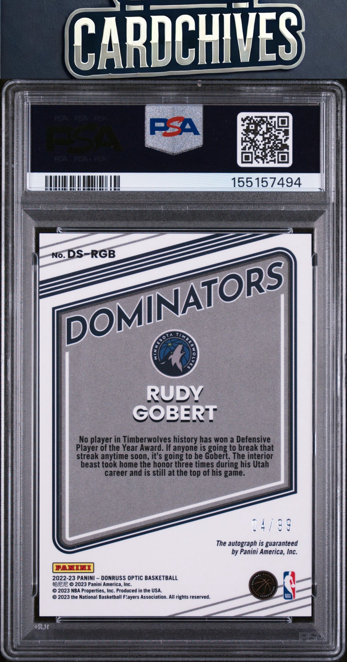 Rudy Gobert 2022-23 Optic #DS-RGB Dominators Signatures #/99 PSA 9