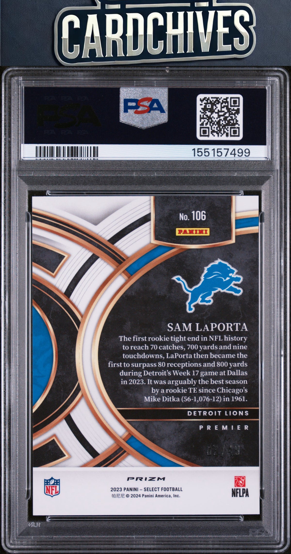 Sam LaPorta 2023 Panini Select #106 Neon Green Prizms #/49 PSA 10 GEM MT