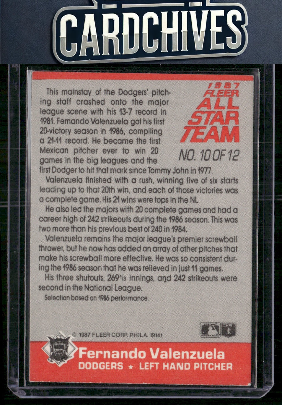 Fernando Valenzuela 1987 Fleer #10 Fleer All Star Team