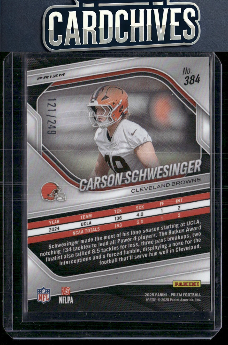 Carson Schwesinger 2025 Panini Prizm #384 Orange #/249 SN