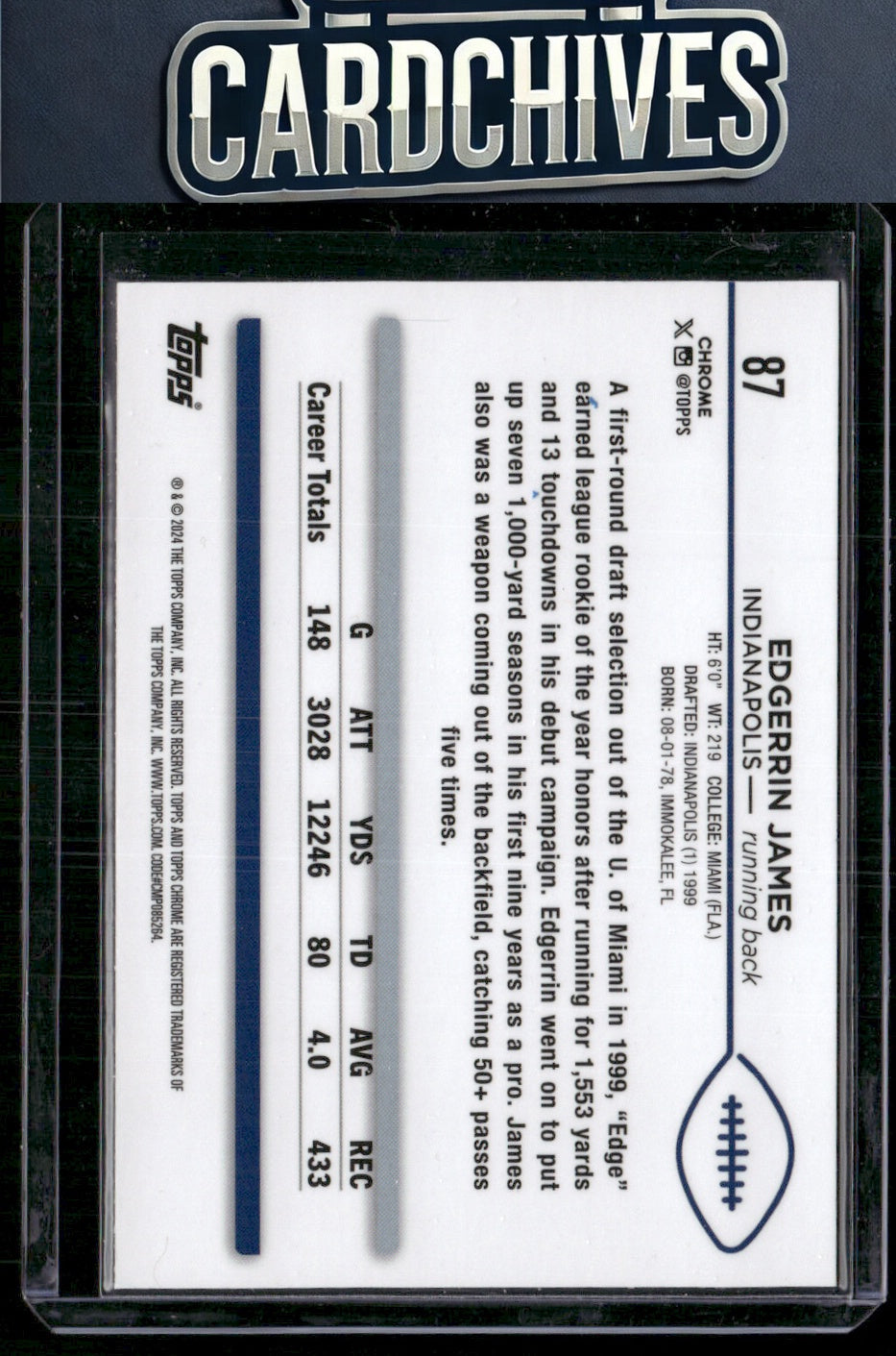 Edgerrin James 2024 Topps Chrome #87 Pink Refractor