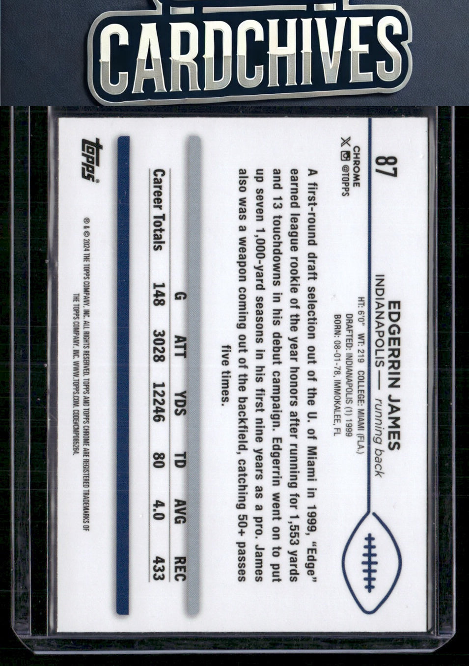 Edgerrin James 2024 Topps Chrome #87 Prism Refractor