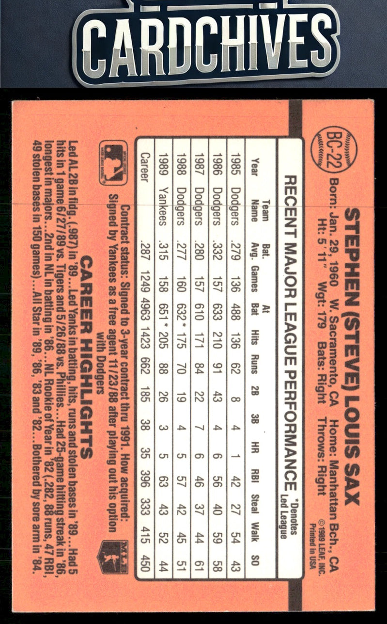 Steve Sax 1990 Donruss #BC-22b Bonus MVP's