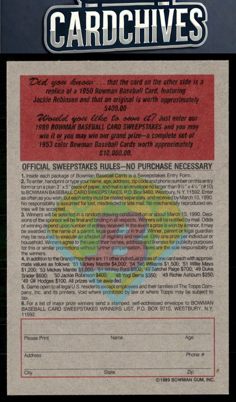 Jackie Robinson 1989 Bowman #NNO Reprint Sweepstakes