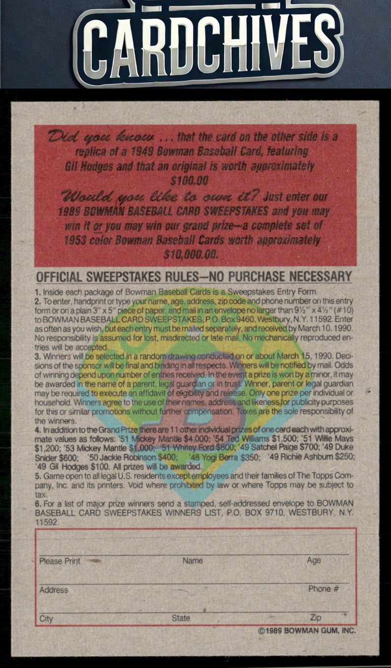 Gil Hodges 1989 Bowman #NNO Reprint Sweepstakes