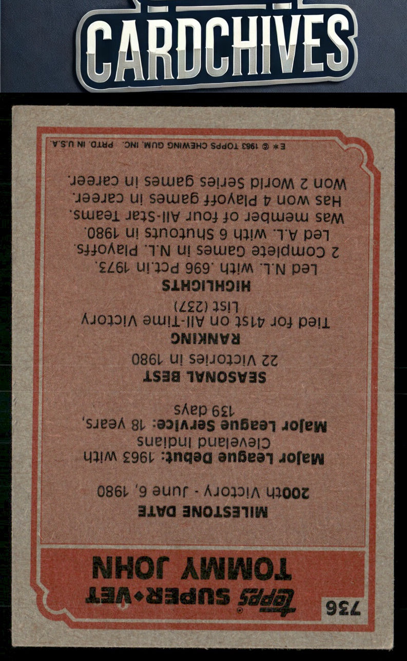 Tommy John 1983 Topps #736