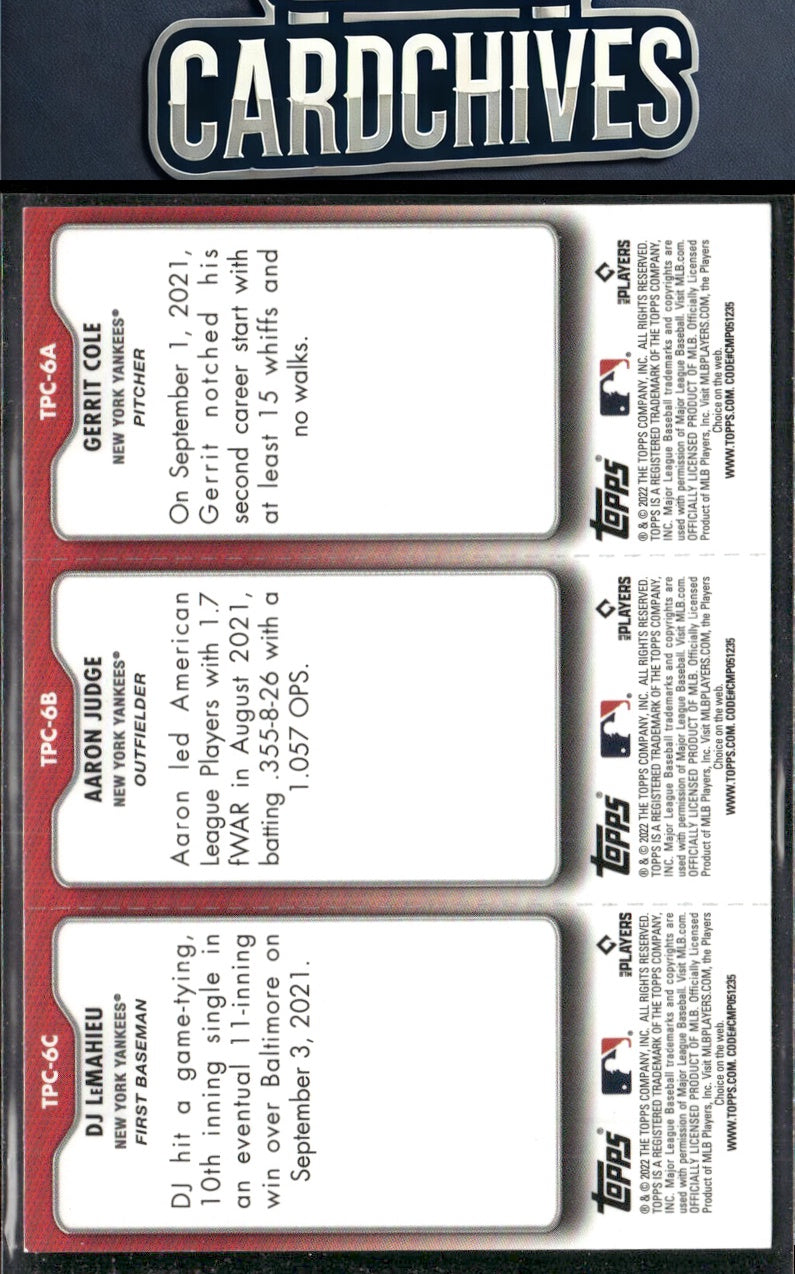 Cole / Judge / LeMahieu 2022 Topps Opening Day #TPC-6A/TPC-6B/TPC-6C Triple Play