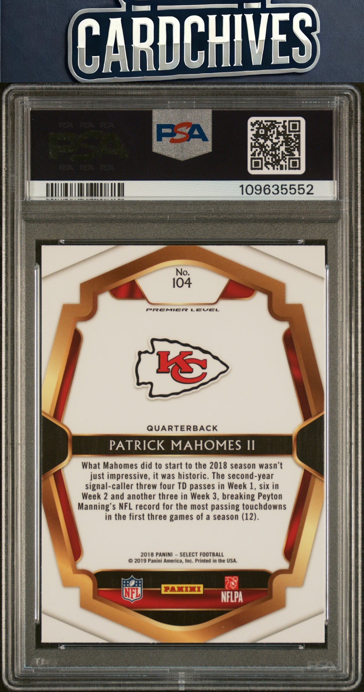 Patrick Mahomes II 2018 Panini Select #104 PSA 10 GEM MT