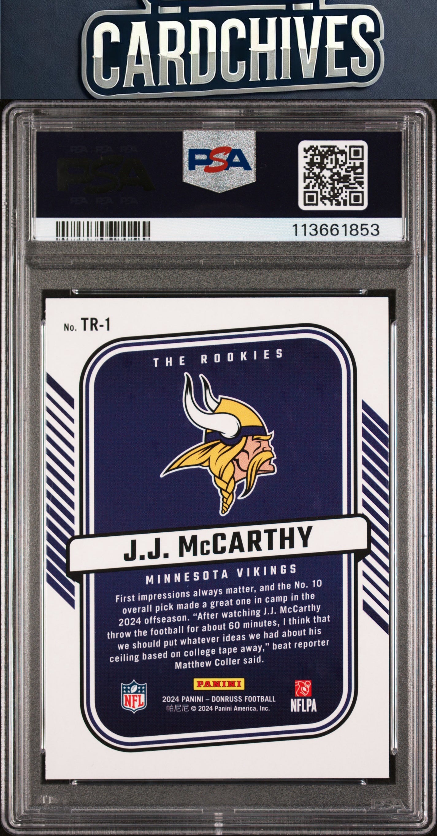 J.J. McCarthy 2024 Donruss #TR-1 The Rookies PSA 9 MINT