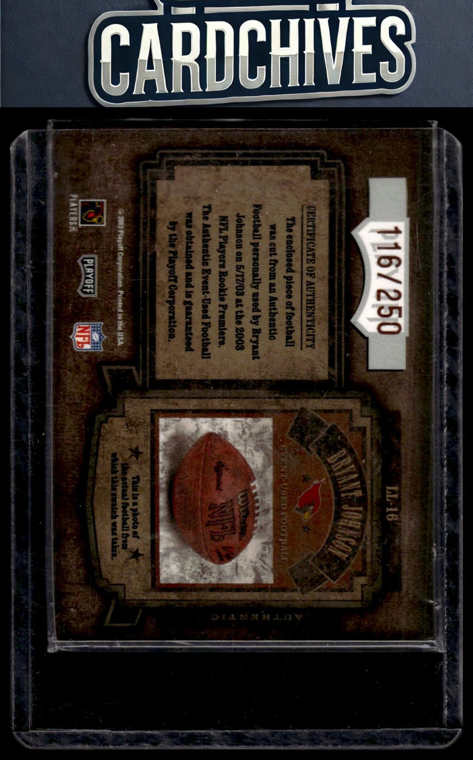 Bryant Johnson 2003 Playoff Hogg Heaven #LL-16 Leather in Leather #/250 MEM,SN
